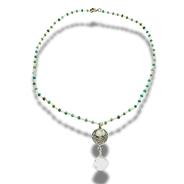 Silver Moonstone Silver charm Necklace with Emerald Stones