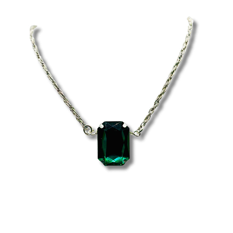 Green Emerald Rhinestone Silver Statement Necklace