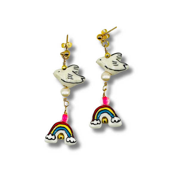 Happiness Ceramic Dove and Rainbow Drop Earrings