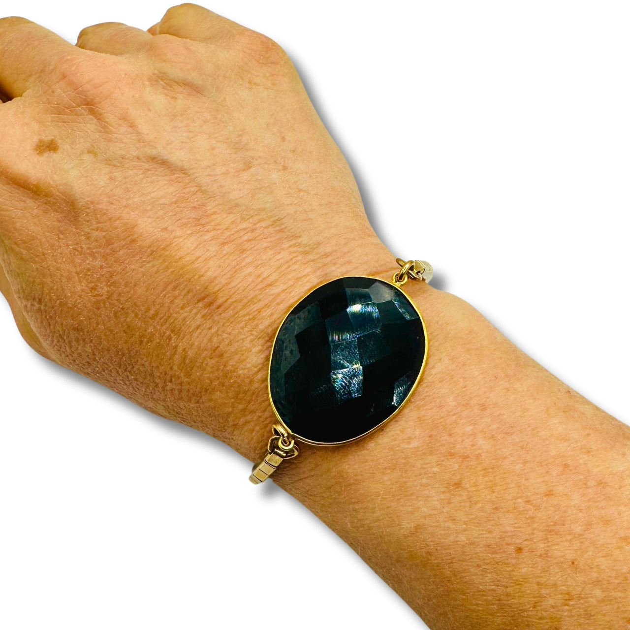 Vintage Watch Band Bracelet with Faceted Black Onyx Stone