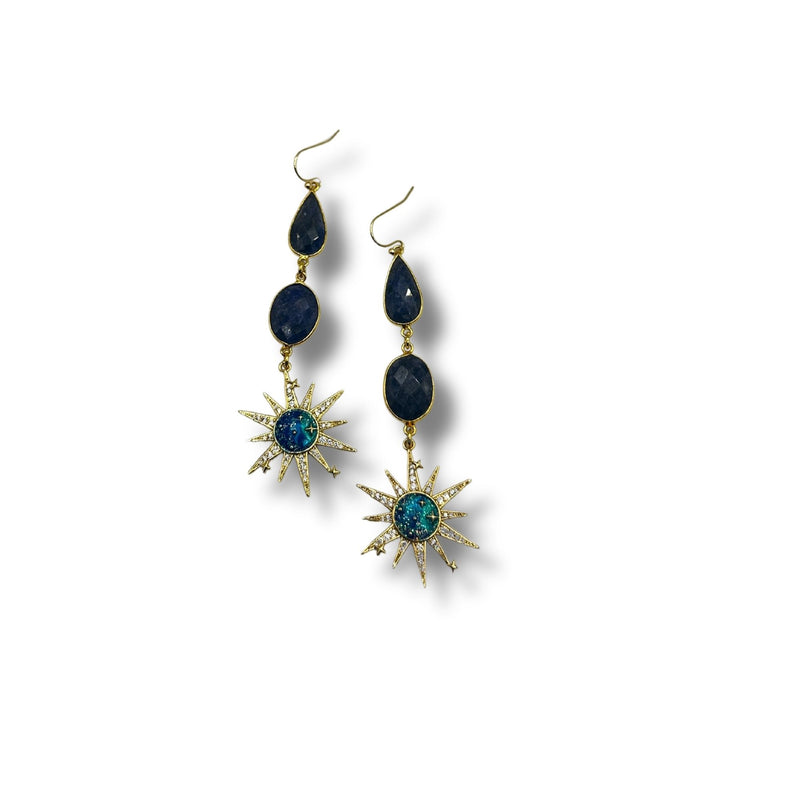 Genuine Sapphire and Celestial Pave CZ Dangle Drop Earrings