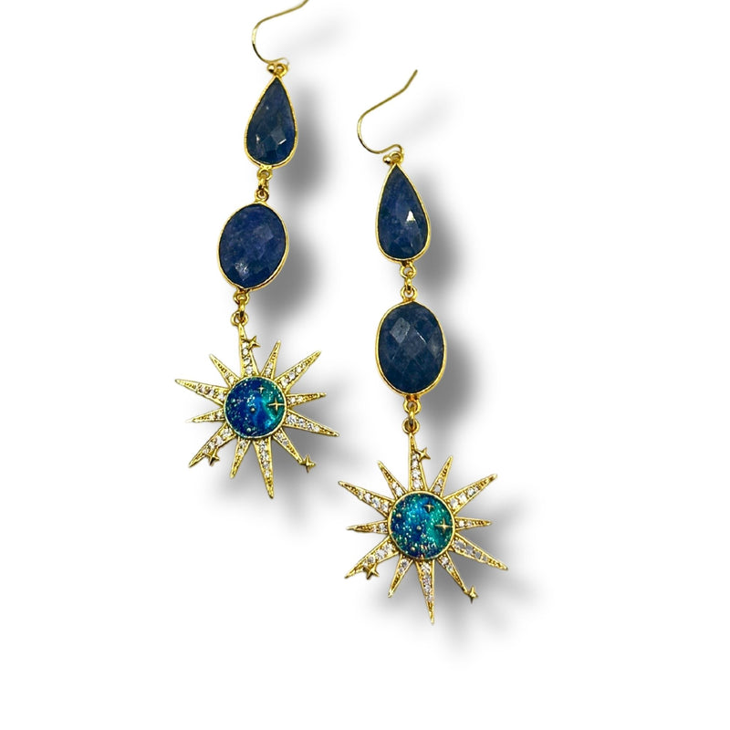 Genuine Sapphire and Celestial Pave CZ Dangle Drop Earrings