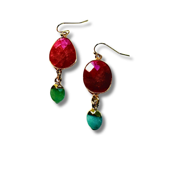 Genuine Ruby and Green Aventurine Dangle Drop Earrings