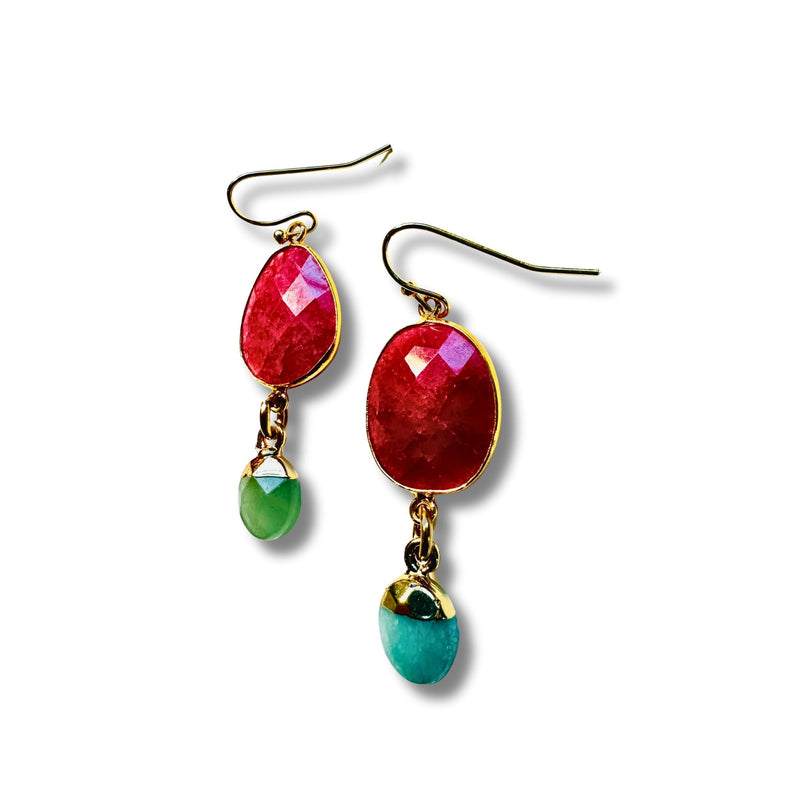 Genuine Ruby and Green Aventurine Dangle Drop Earrings