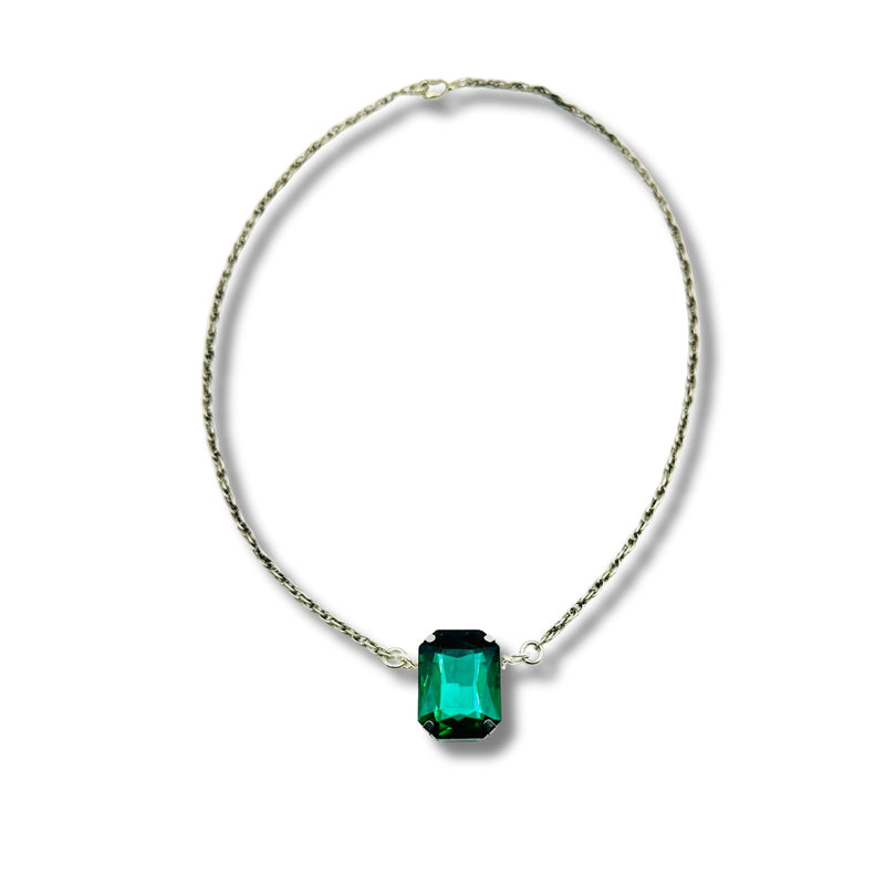 Green Emerald Rhinestone Silver Statement Necklace