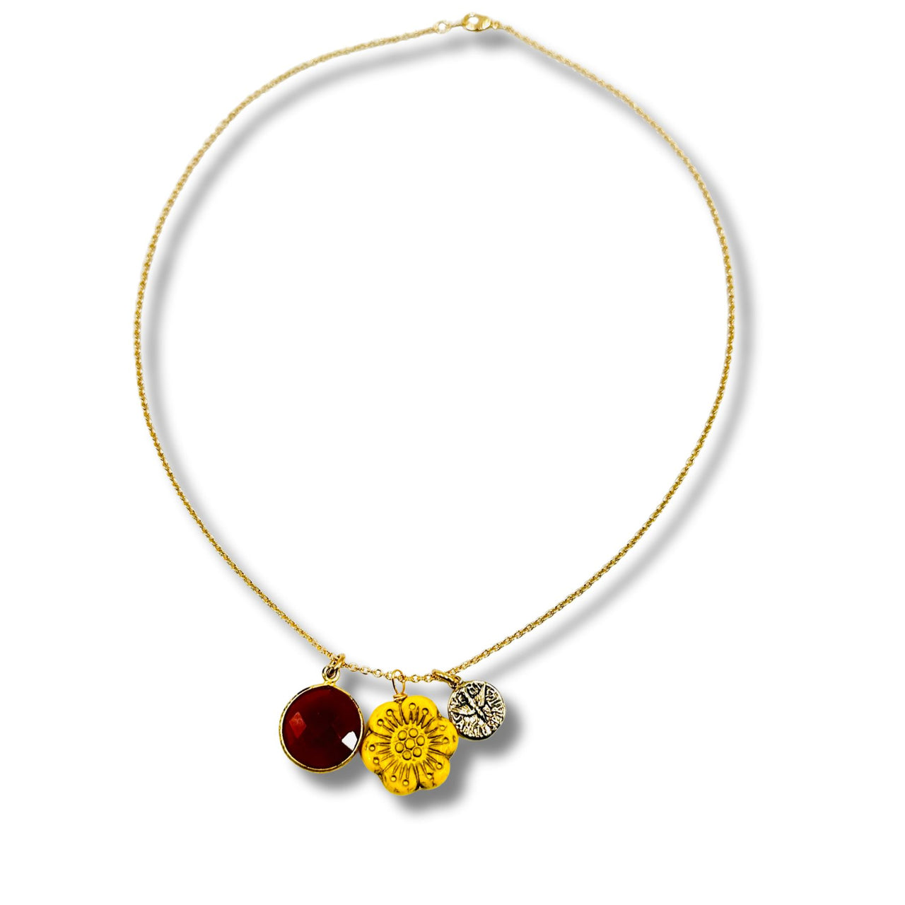 Vintage Yellow Flower Necklace with Dragonfly and Carnelian