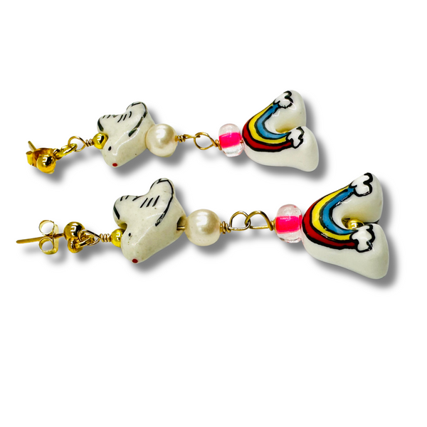 Happiness Ceramic Dove and Rainbow Drop Earrings