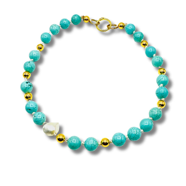 Genuine Turquoise Howlite, Pearl Beaded Hand Knotted Statement Charm Holder Necklace