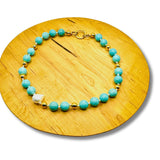 Genuine Turquoise Howlite, Pearl Beaded Hand Knotted Statement Charm Holder Necklace