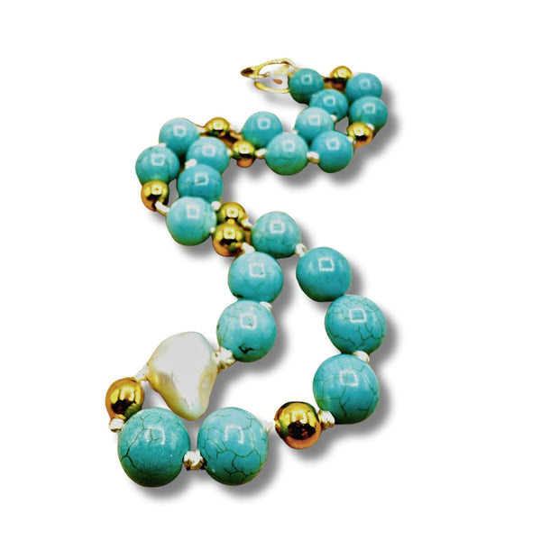 Genuine Turquoise Howlite, Pearl Beaded Hand Knotted Statement Charm Holder Necklace