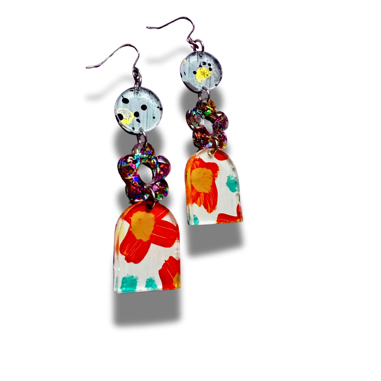 One of a Kind Hand Painted Glitter Floral Acrylic Earrings
