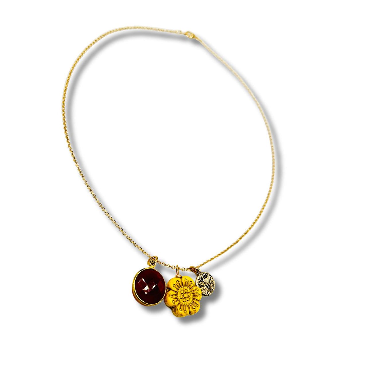 Vintage Yellow Flower Necklace with Dragonfly and Carnelian