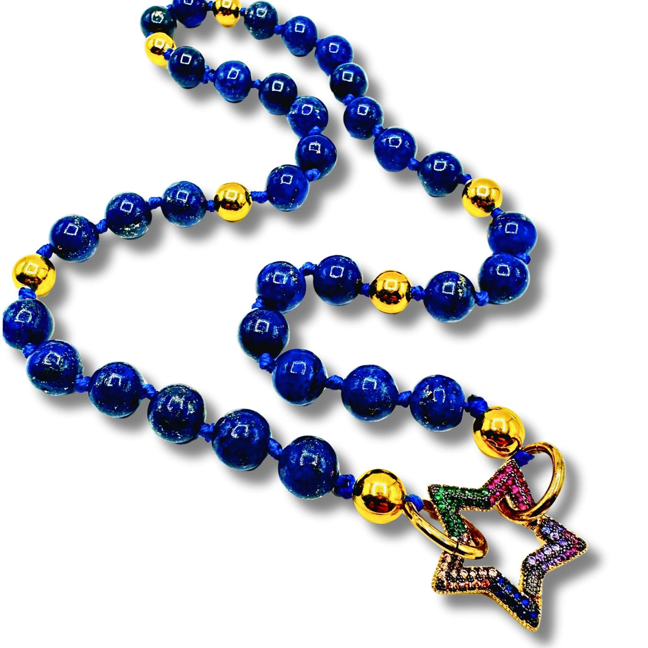 Genuine Lapis, Gold Beaded Hand Knotted Statement Charm Necklace