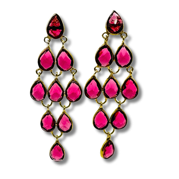 Ruby Quartz Bezel Set Cascading Earrings