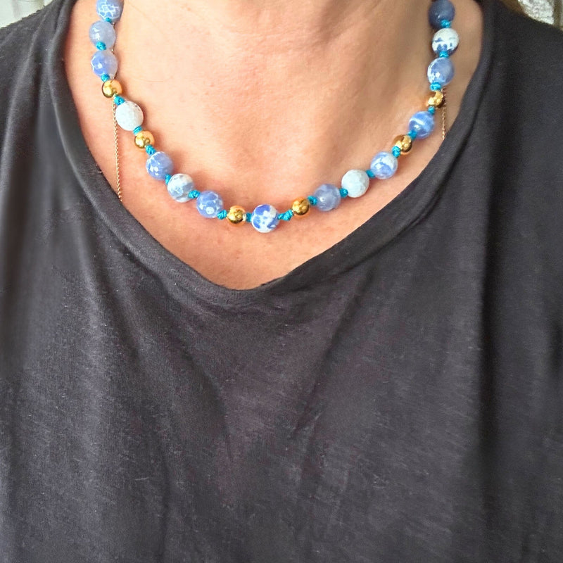 Genuine Blue Quartz, Gold Balls, Beaded Hand Knotted Statement Necklace