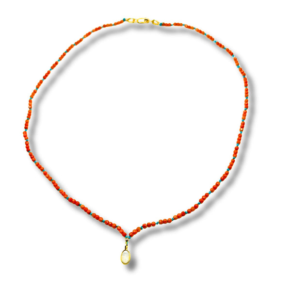 Dainty Coral with Rainbow Moonstone Drop Necklace