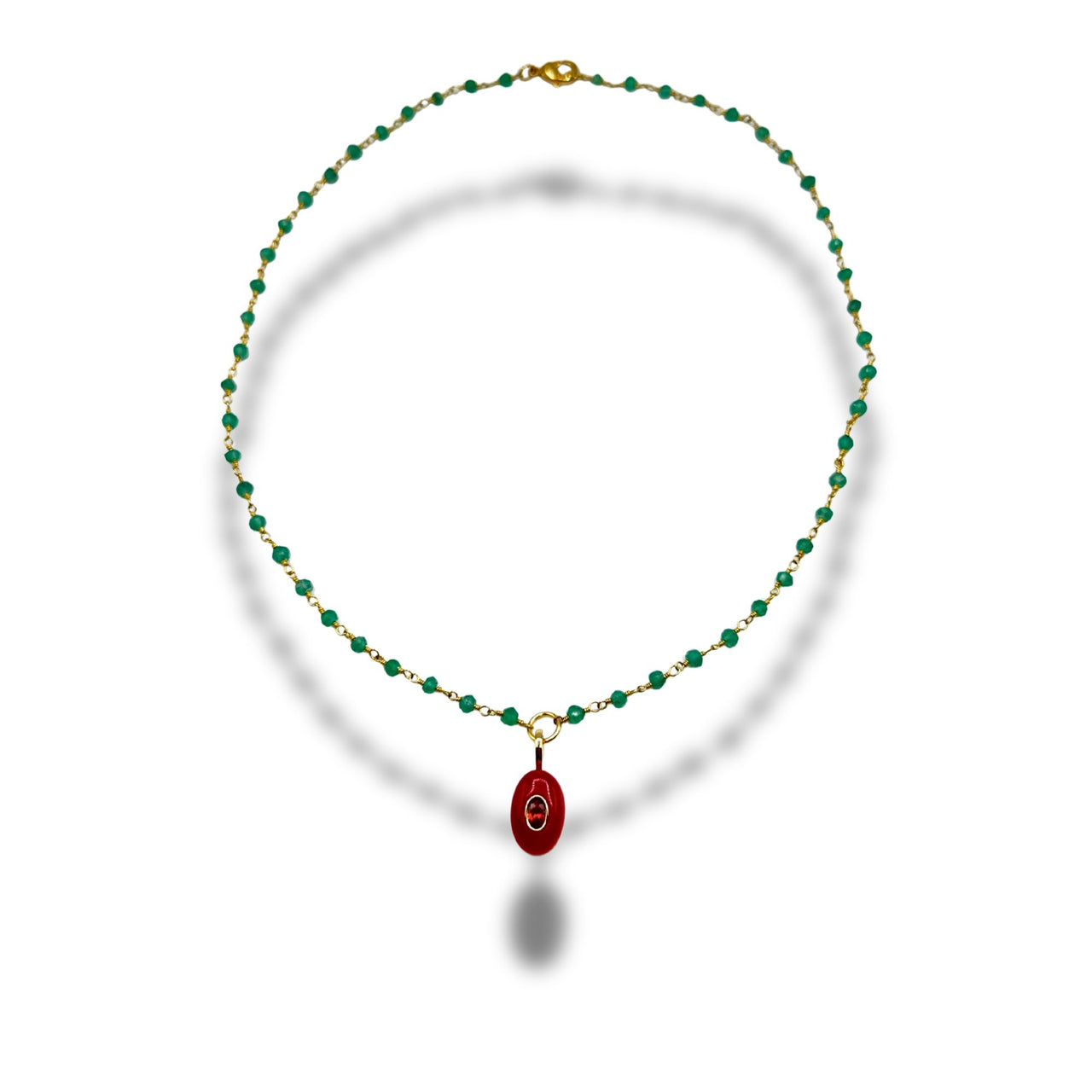 Wire Wrapped Green Agate Red Stone Pendant Necklace