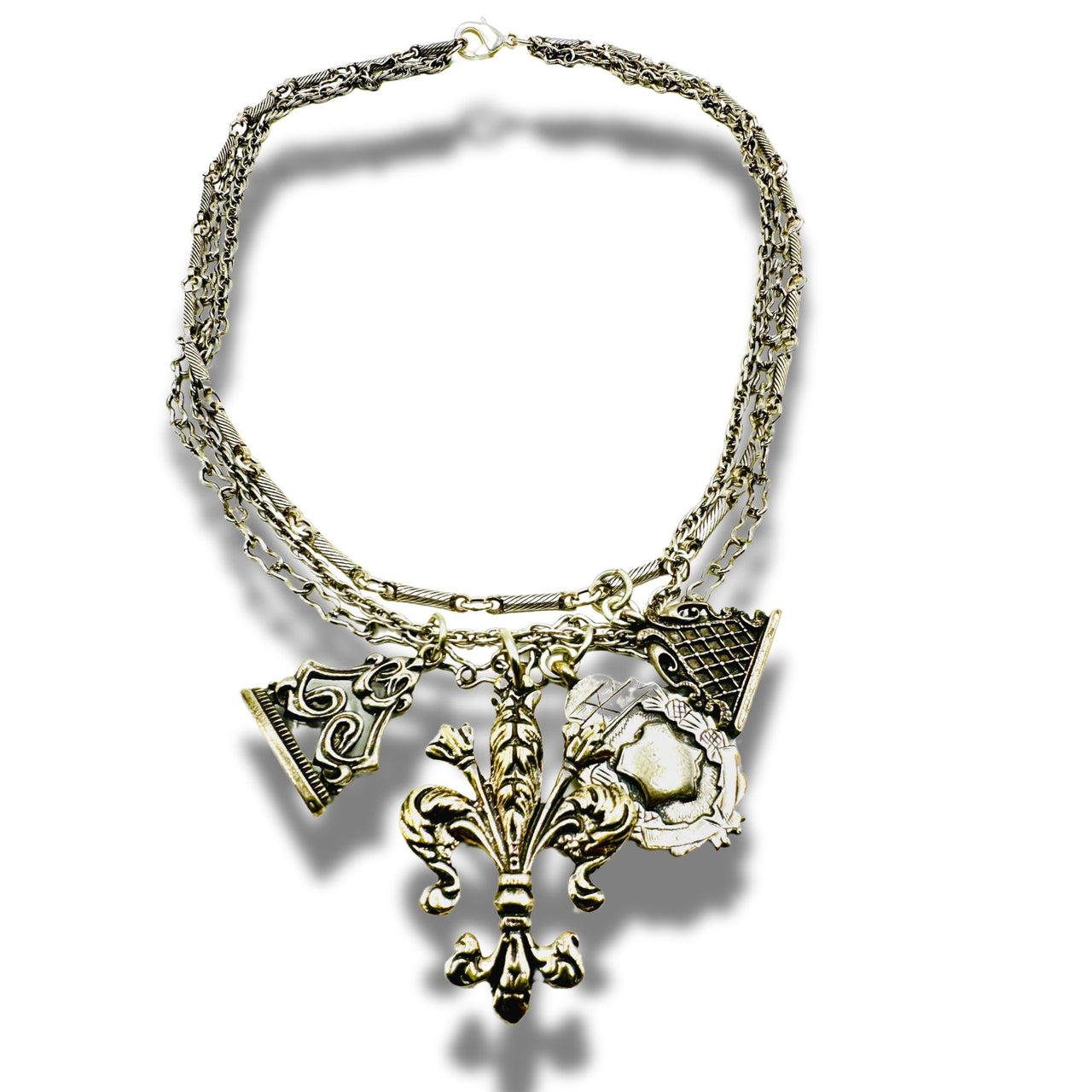 Vintage Inspired Fleur De Li Relic Multi Strand Necklace