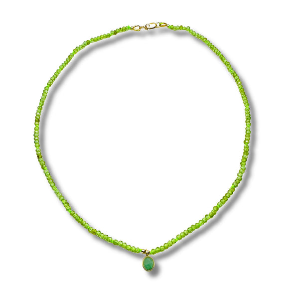 Dainty Peridot Beads with Chalcedony Drop Pendant