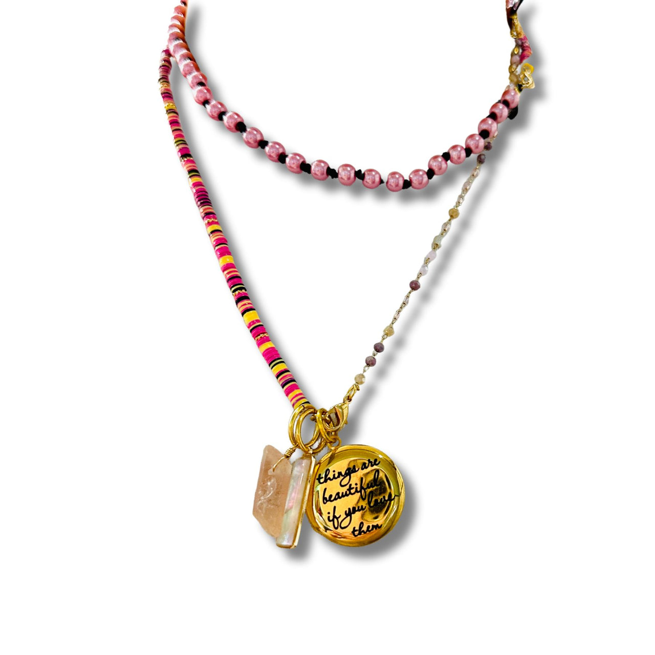 Pinks, Black, Lavender and Yellow Convertible Necklace and Bracelet Combination with Locket