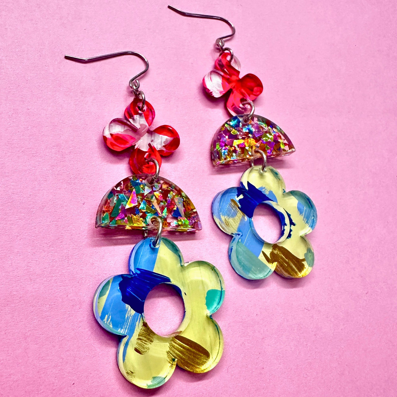 One of a Kind Hand Painted Glitter Floral Statement Acrylic Earrings