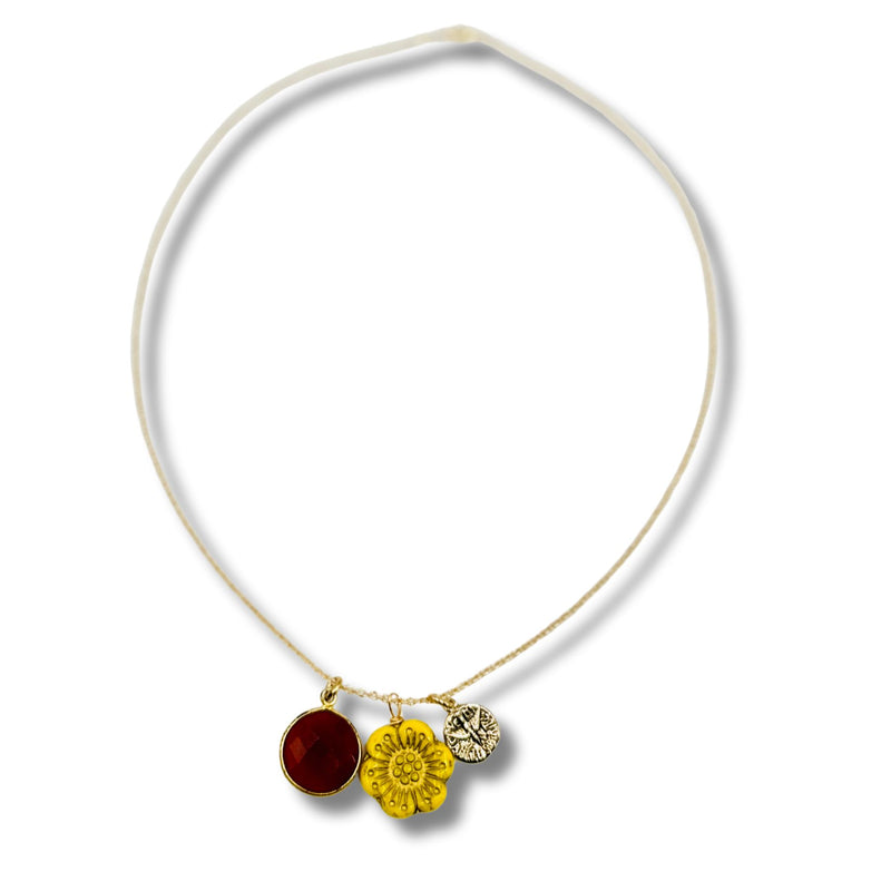Vintage Yellow Flower Necklace with Dragonfly and Carnelian