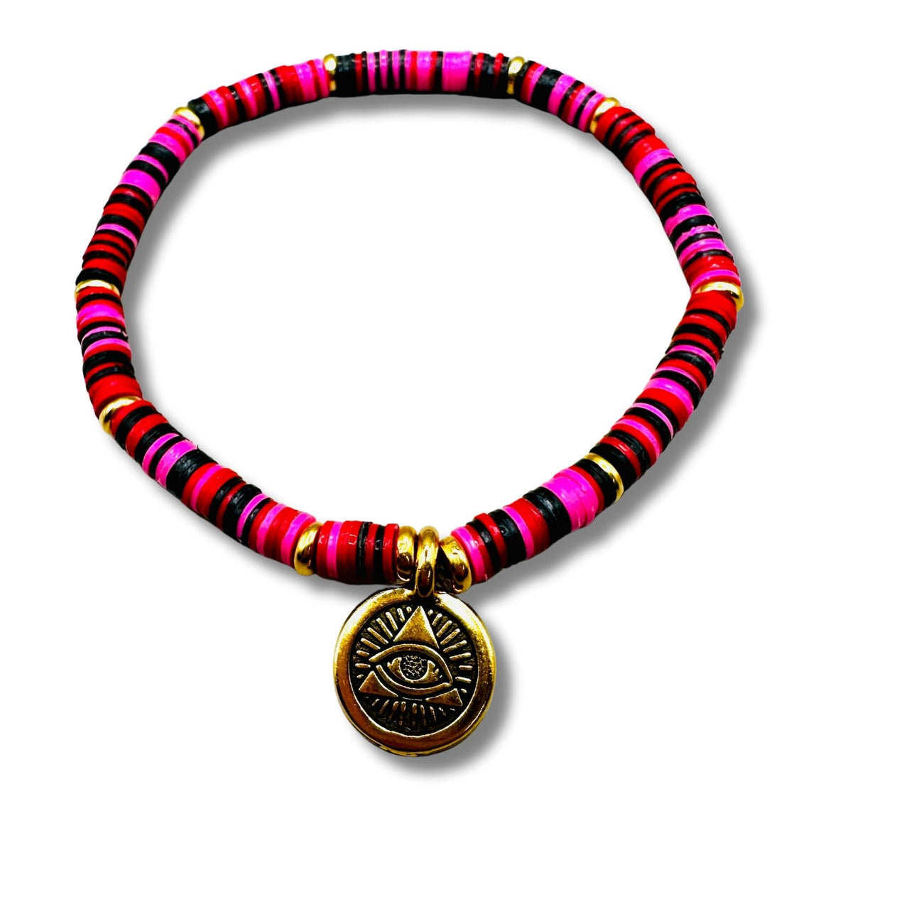 Pink Evil Eye Protection Vintage Vulcanite Brass Beaded Bracelet