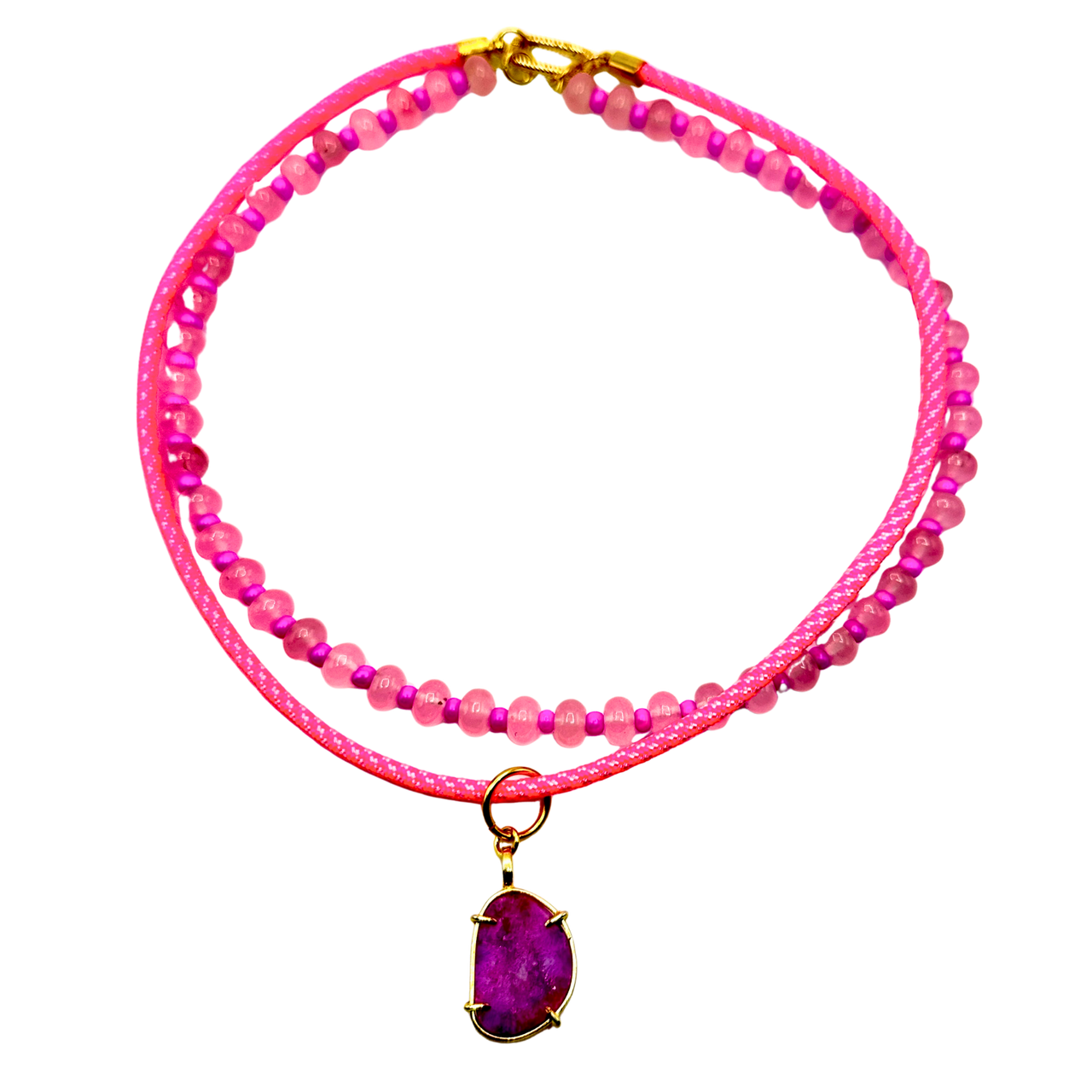 Pink Geode Convertible Necklace Set  Hot Pink Geode Pendant & Beaded Necklace
