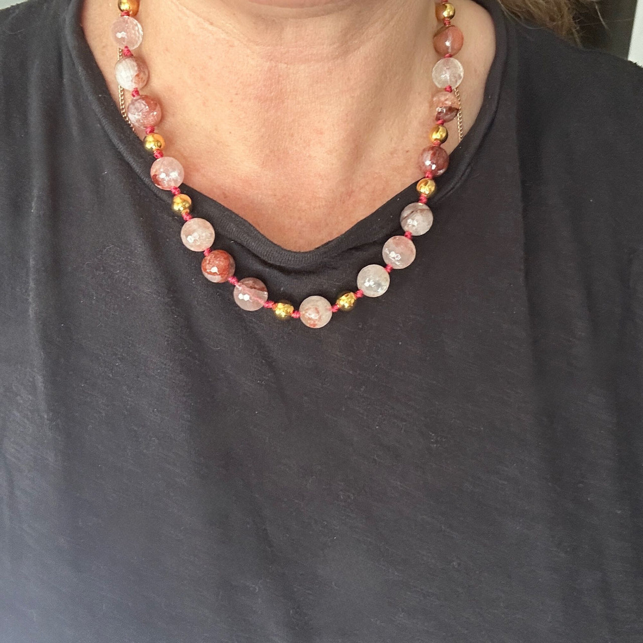 Genuine Strawberry Quartz Gold Beaded Hand Knotted Statement Necklace