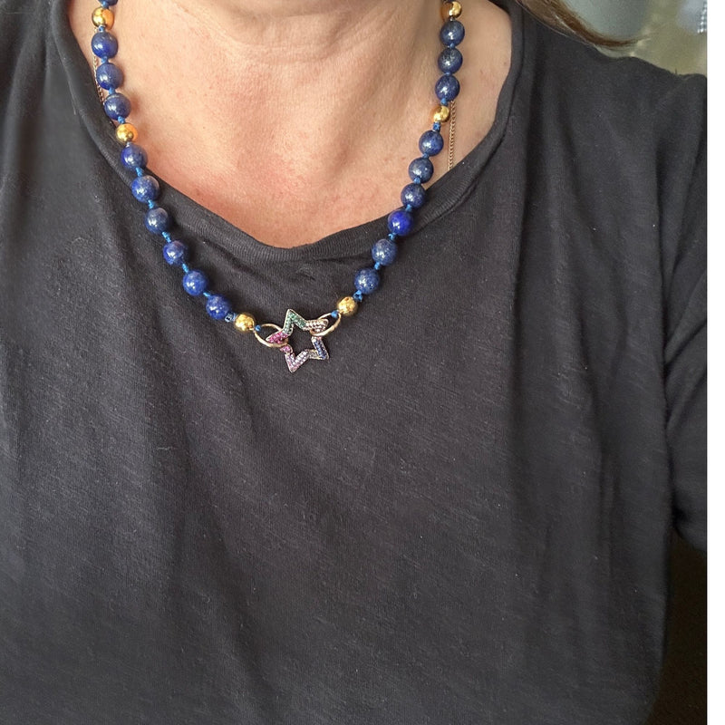 Genuine Lapis, Gold Beaded Hand Knotted Statement Charm Necklace