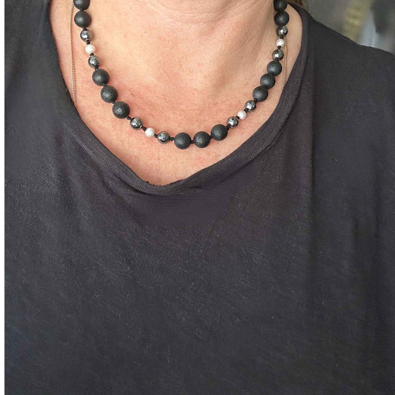 Genuine Faceted Black Onyx, Hematite, Beaded Hand Knotted Statement Necklace