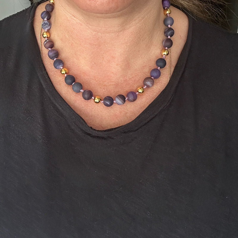 Genuine Purple Geode Beaded Hand Knotted Statement Necklace