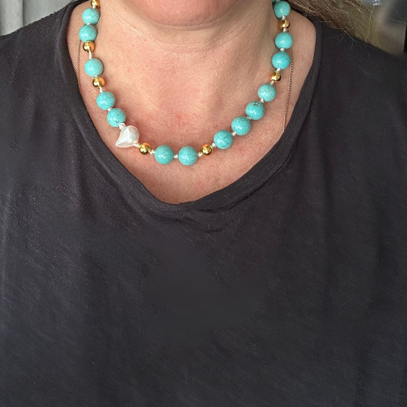 Genuine Turquoise Howlite, Pearl Beaded Hand Knotted Statement Charm Holder Necklace