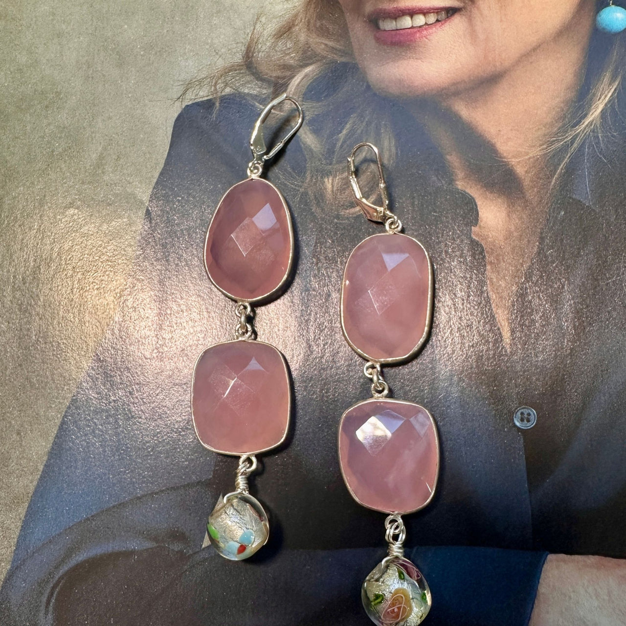 Rose Quartz with Floral Glass Bead Drop Earrings