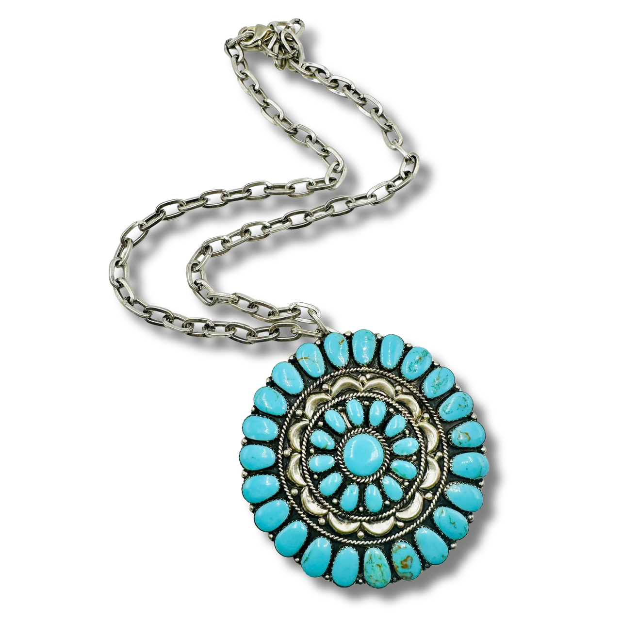 Vintage Navajo Turquoise Cluster Pendant Necklace by J. Wilson, Circa 1970s