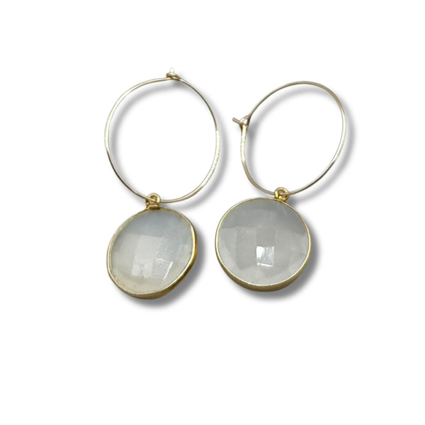 White Moonstone Gold Filled Hoop Drop Earrings