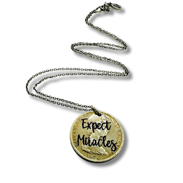 Original Laser Engraved Vintage Silver Coin Necklace Expect Miracles Necklace