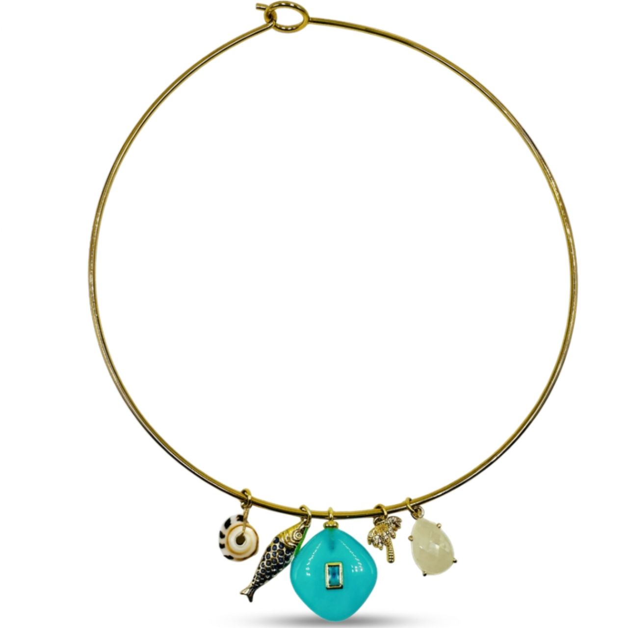 Gold necklace with turquoise pendant and charms on a white background