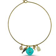 Gold necklace with turquoise pendant and charms on a white background
