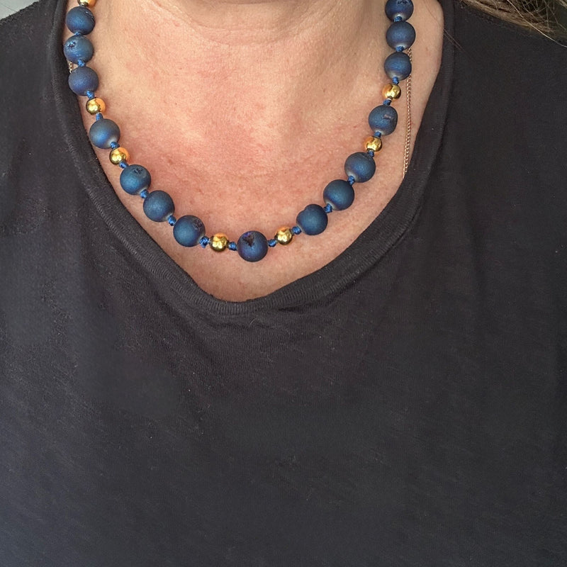 Genuine Blue Geode Beaded Hand Knotted Charm Holder Statement Necklace