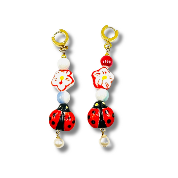 Good Fortune Ladybug and Flower Ceramic Earrings