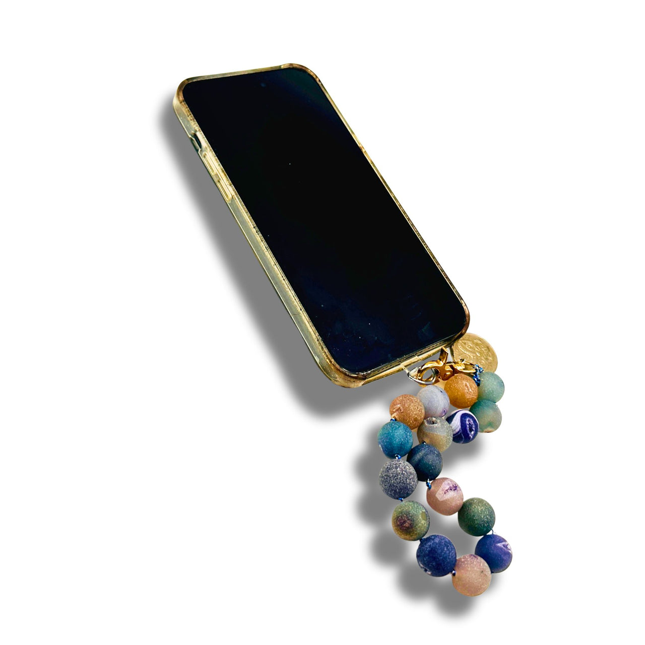 Agate Geode Beaded Wristlet with Coin Charm, Colorful Gemstone Phone Strap, Keychain & Purse Accessory