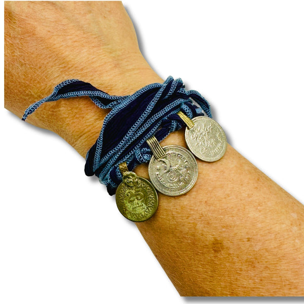 Silk Wrap Bracelet/Necklace with Three Vintage Coins