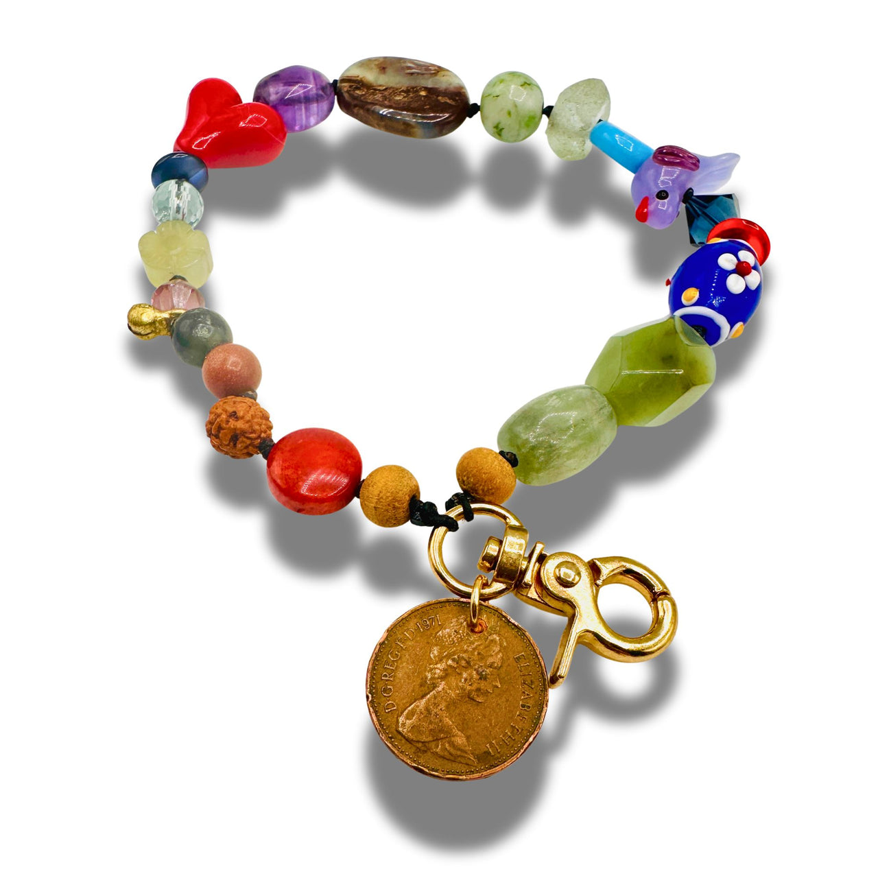 Gemstone Beaded Wristlet with Coin Charm, Colorful Gemstone Phone Strap, Keychain & Purse Accessory