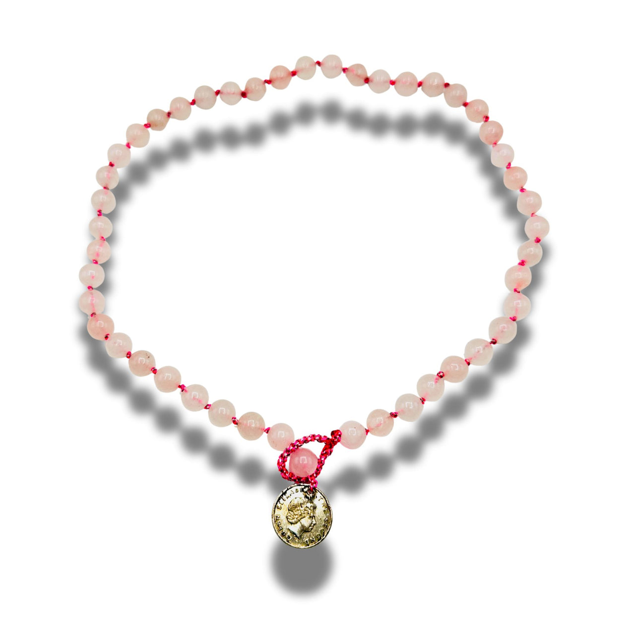 Rose quartz Hand Knotted Beaded Necklace with Genuine Coins