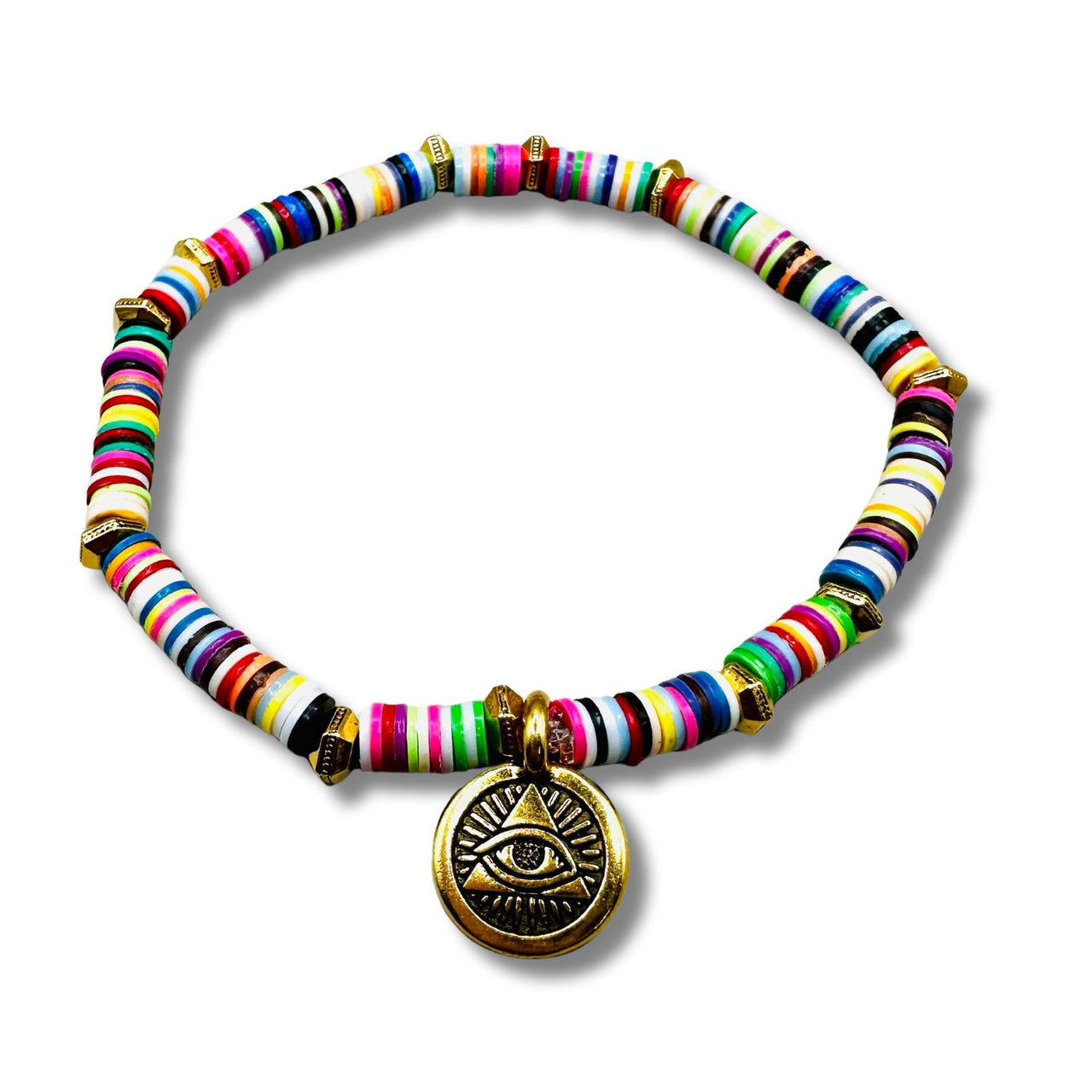 Rainbow Evil Eye Protection Vintage Vulcanite Brass Beaded Bracelet