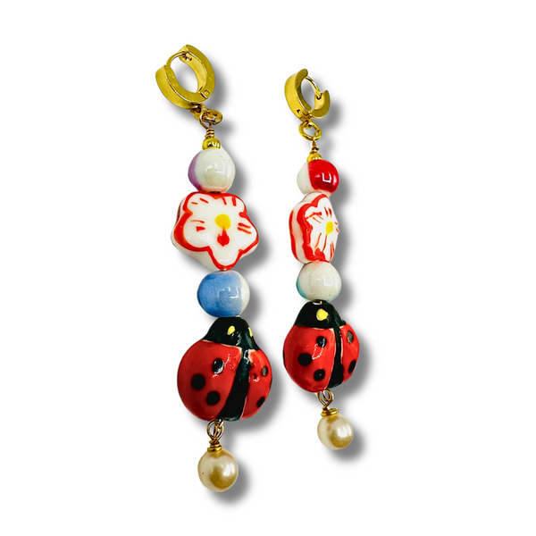 Good Fortune Ladybug and Flower Ceramic Earrings