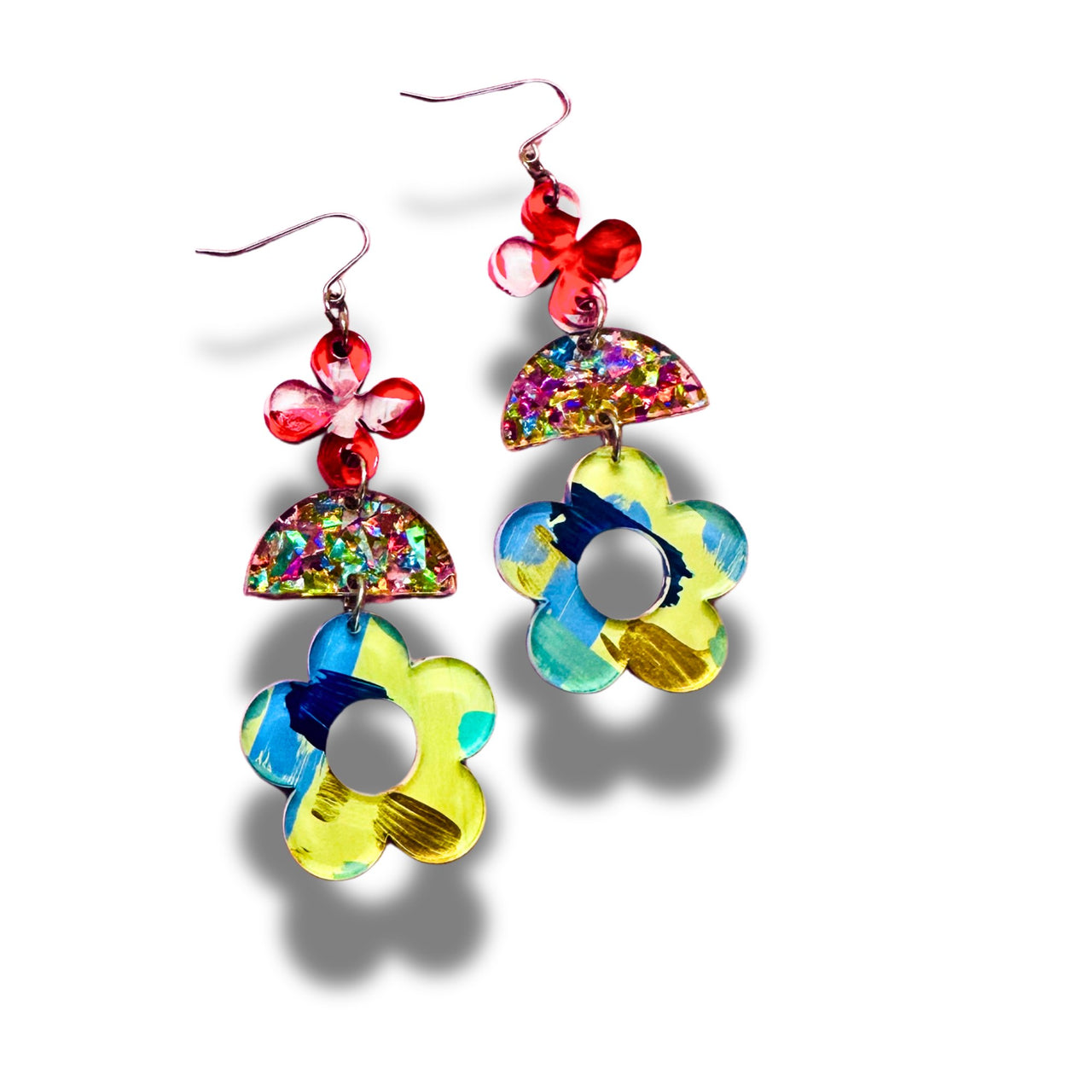 One of a Kind Hand Painted Glitter Floral Statement Acrylic Earrings