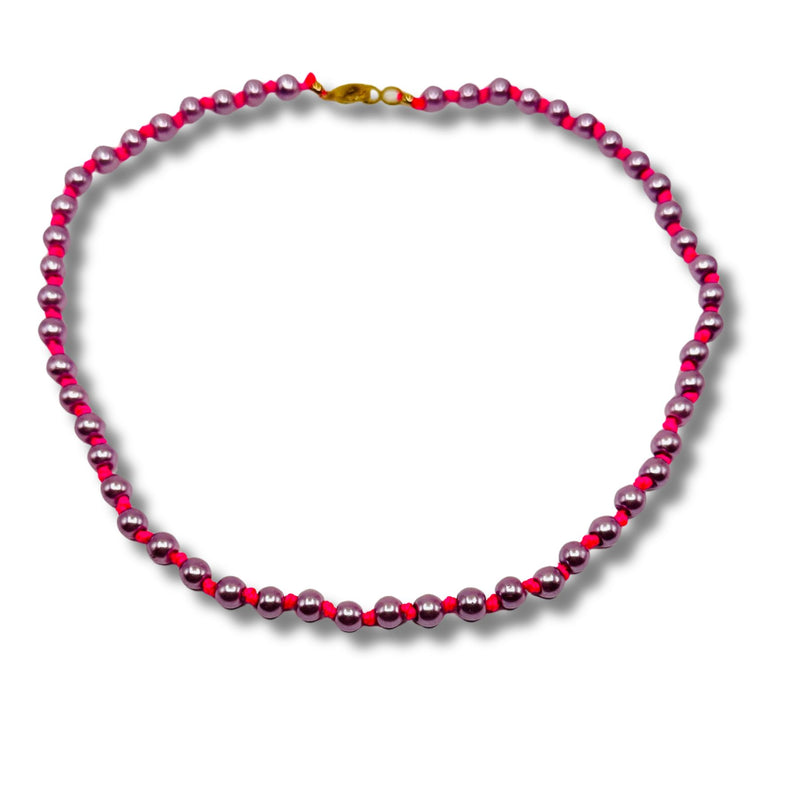 Hand Knotted Pink Pearl Fluorescent Pink Thread Layering Necklace