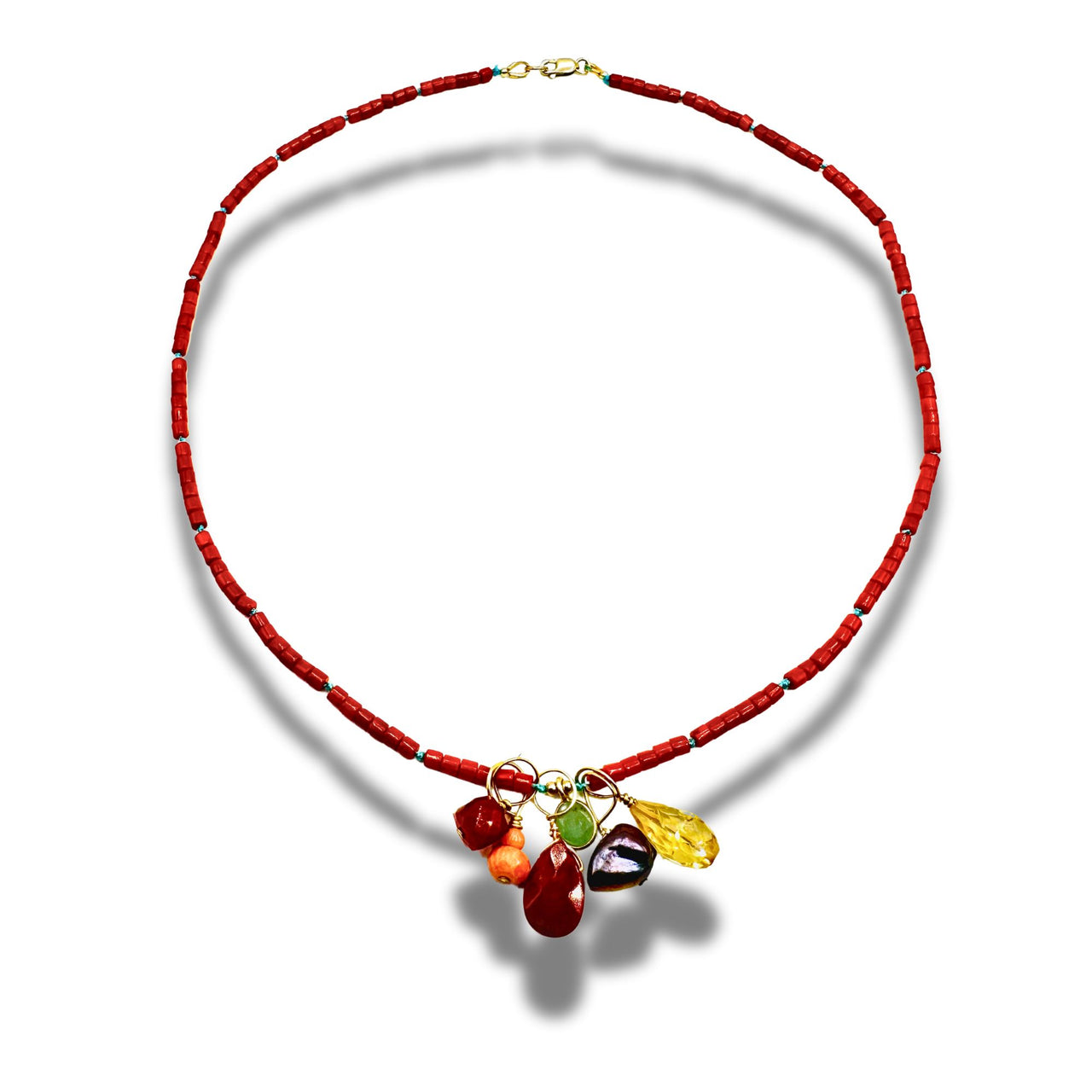 Dainty Red Coral Necklace with Green Chalcedony Pendant